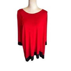 NEW CALVIN KLEIN Women Stretch Comfy Poly Asymmetrical Blouse Red  Black Trim 1X